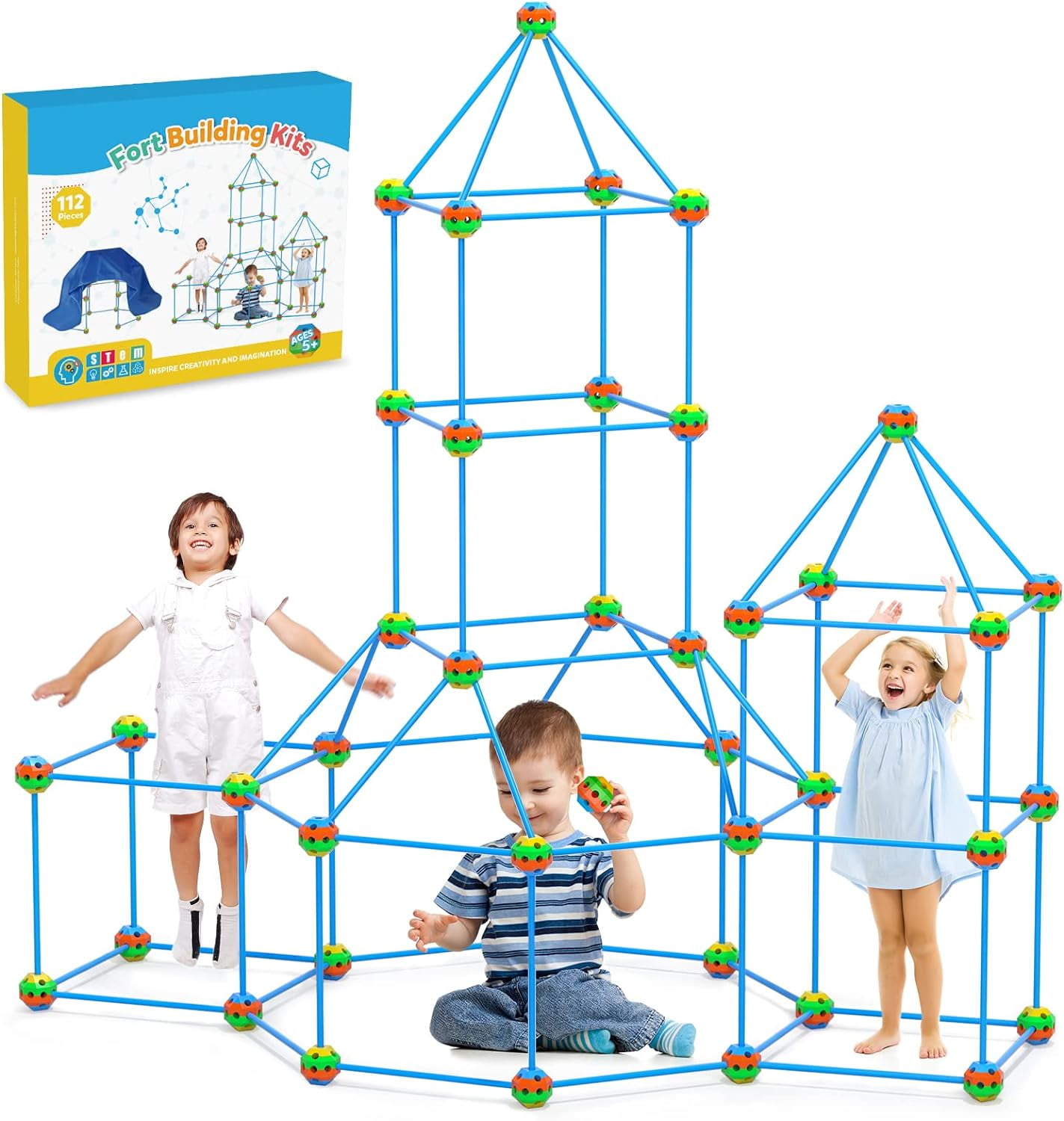 112 Pcs Fort Building Kit for Kids, Tecboss Construction STEM Building Toys  for 4-12 Year Kids Builder Gifts with a Blanket to DIY Building Castles  Tunnels Play Tent Rocket Tower Indoor 
