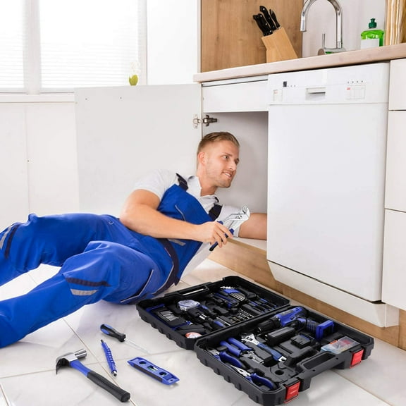 112 Piece Power Tool Combo Kits with 21V Cordless Drill, Professional Household Home Tool Kit Set with Hand Tool Kits for Garden Office House Repair Maintain-Blue