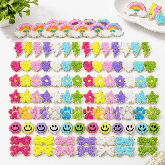 112 Piece Self-Adhesive Chenille DIY Patches, Smile Star Heart Preppy Style