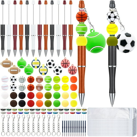 112 Pieces Sport Beadable Pens Bulk with Basketball Focal Silicone Beads for DIY Pen Making Kit Smooth Writing Ballpoint Pen for Women Office Gifts