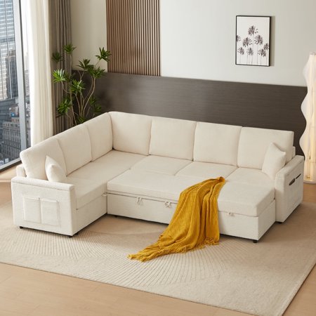 112'' Sectional Sleeper Sofa with Pull Out Bed, U Shaped 7 Seater Modular Sectional Sofa with 8 Storages Comfy Sleeper Sectional Couches for Living Room, Pet-friendly Couch Bed (Chenille Beige)