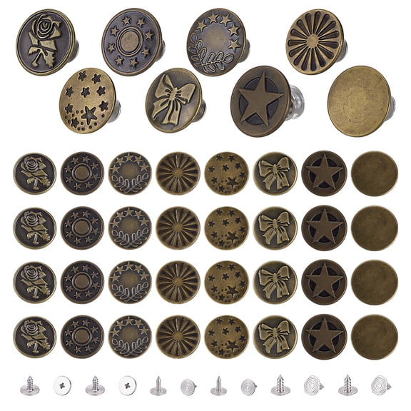 112 Sets 8 Sftyles Brass Button Pins for Jeans Nautical Buttons Garment Accessories Bronze Platinum Mixed Shapes 17mm 4 sets/style diy