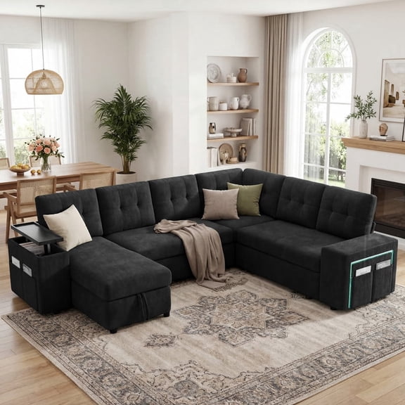 112" Modular Sofa Set, L-Shaped 7-Seater Sofa Bed / With Height-Adjustable Storage Chaise Armrests / USB/LED Light.