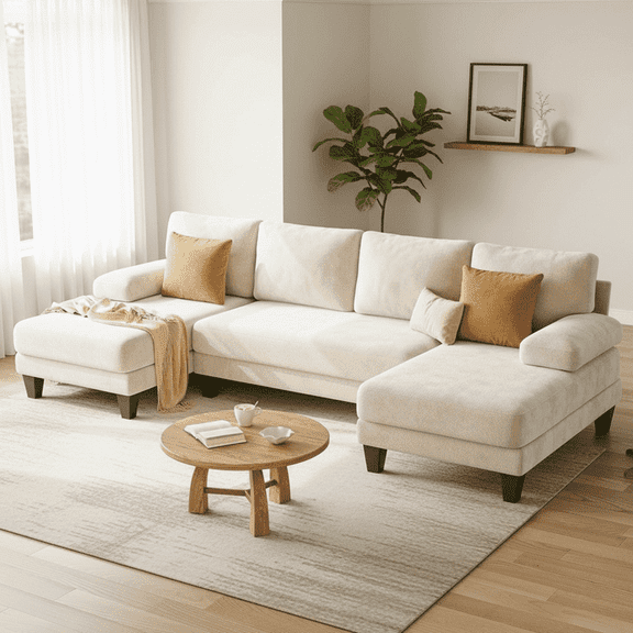 112" U-Shaped Chenille Sectional Sofa with Double Chaise Loungers - Sectional Couches Modular Design for Living Rooms and Apartments - Beige