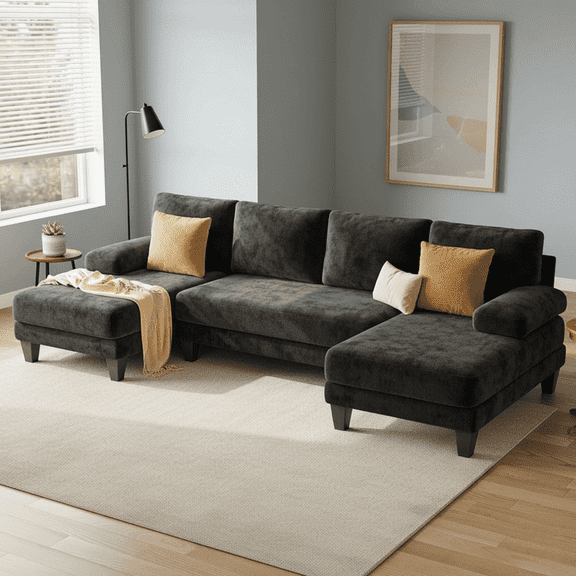 112" U-Shaped Chenille Sectional Sofa with Double Chaise Loungers - Sectional Couches Modular Design for Living Rooms and Apartments - Black