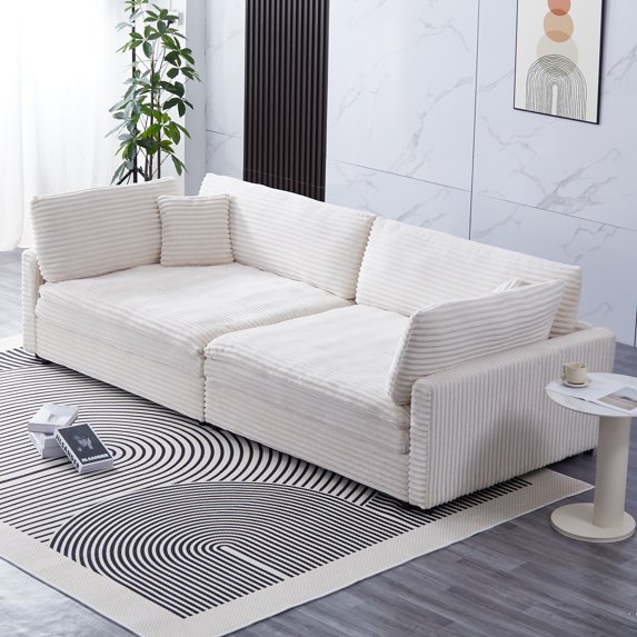 112-inch Luxurious Corduroy Deep-Set Soft Sofa, with 2 Backrests and 2 Throw Pillows Included, Beige