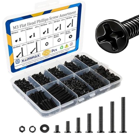 1120Pcs M3 Countersunk Screws Kit, M3 Flat Head Screws, Phillips Bolts Nuts Washers Set for 3D Printers, Electronics, Machinery & DIY Projects, Length 6MM-25MM, Zinc Plated