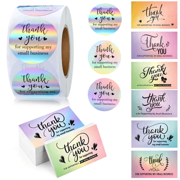 RMGVG 1120 Count Thank You Stickers, Holographic Labels for Small Business Packaging, Includes 1000 Stickers and 120 Cards