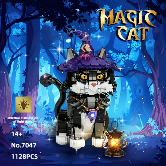 1128pcs Magical Cat Building Blocks - Halloween Building Blocks, Cat Animal Toys Model Set with Lighting Kerosene Lamp& Color-changing Eyes, Home Decor Desktop Ornament, Creative Gift for Kids