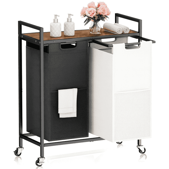 112L/30 US gal Laundry Sorter Organizer with Wheels, Rolling Laundry Hamper Laundry Basket Organizer with 2 Section Pull-Out Drawers,Top Shelf and 4 Wheels