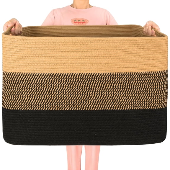 112L Extra Large Blanket Basket Holder Living Room, 25"x17"x16" Rectangle Rope Woven Storage Basket with Handles for Laundry, Pool Towels, Shoes, Dog Toy Organizer Bin Box, Black Jute
