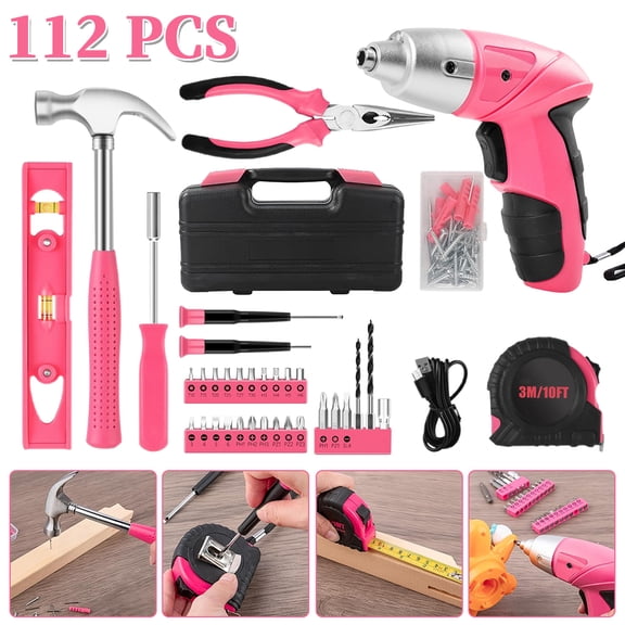 112PCS Pink Cordless Electric Screwdriver Tool Kit, USB Rechargeable Household DIY Hand Tools with Hammer, Pliers, Tape Measure & Level, Portable Storage Tool Box Gift for Women Home Repair