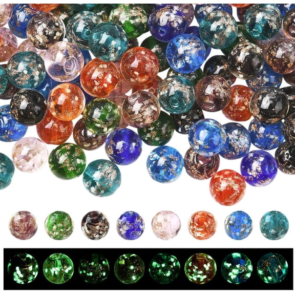 112Pcs 8 Colors Handmade Gold Sand Lampwork Beads Sets Luminous Round Mixed Color 10mm Hole: 1.2mm 14pcs/color Colorful