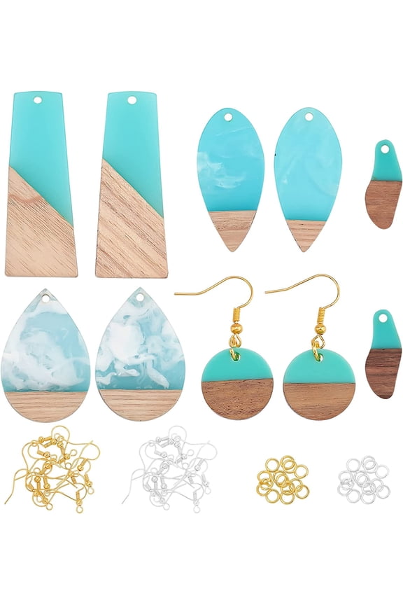 112Pcs Cyan Resin Wood Pendants Resin Walnut Wood Pendants Two Tone Drop Earring Making Kit with Earring Hooks Jump Rings for Jewelry Making - Mixed Shapes