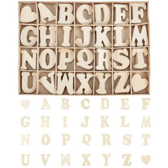 112pcs 1.5 Inch Wooden Letters A~Z Heart Set- Small Wooden Capital Letters with Storage Tray - Wooden Alphabet Craft Letters Smooth Natural Wooden for Arts Crafts DIY Wedding Display Decor