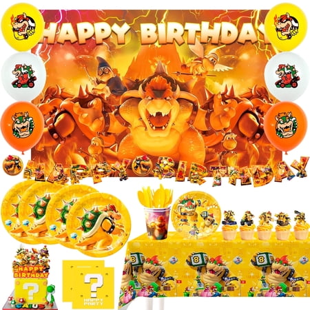 112pcs Bowser King Koopa Party Decorations & Bowser King Koopa Tableware set - Backdrop Plates Banner Cake Toppers Napkins Balloons Tablecloth etc Birthday Party Supplies for Kids