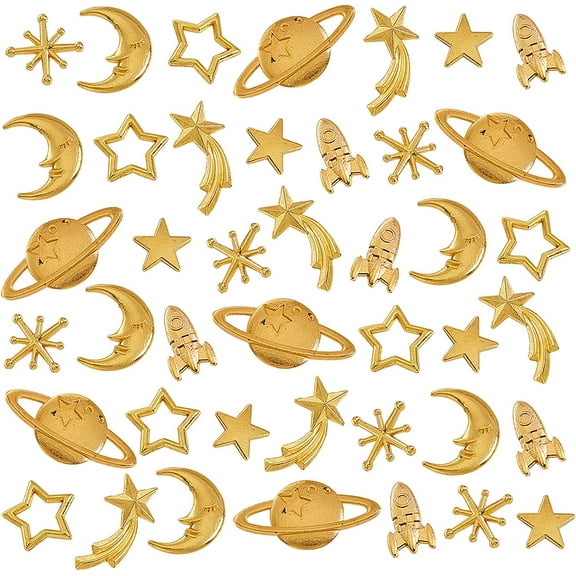 112pcs Cosmos Themed Resin Fillers - Golden Planets Stars Moons Rockets DIY