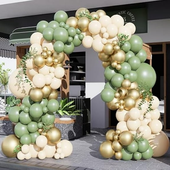 112pcs Sage Green White Gold Balloon Garland Arch Kit-18/10/5inch Double Stuffed Sage Green Ivory White Metallic Gold Latex Balloons for Baby Shower Jungle Safari Wild One Birthday Party Decorations