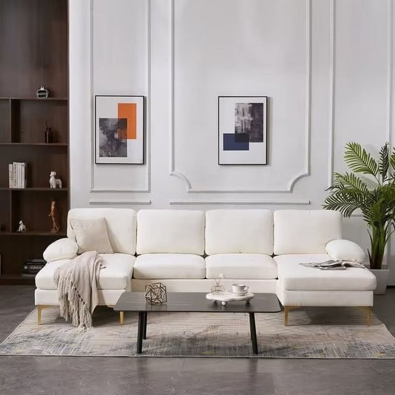 113.39inch U-Shaped Sectional Sofa Couch, Convertible Modular Sectional Sofa with Double Chaise, Linen Upholstered Sofa Set, 6-Seater Sofa for Living Room Apartment, Easy Assembly, Beige