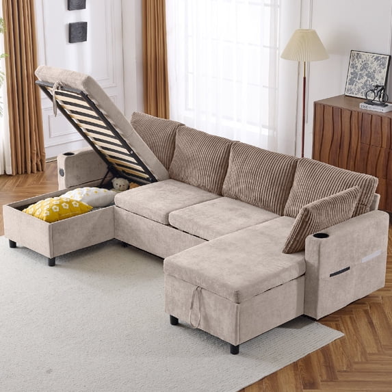 113.4" U-Shaped Sectional Modular Sofa Couches with Charging Station and Pull-out Sofa Bed, Versatile Sofa Sleeper with Large Storage Space Cup Holders for Living Room, Office, Apartment, Brown