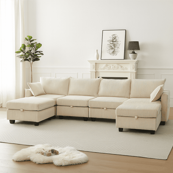 113.5'' Modular Sectiona Corduroy Sofa, Sectional Couches for Living Room U Shaped Sectional Couch with Storage Ottoman, 6 Seats Convertible Sectionals with Chaise