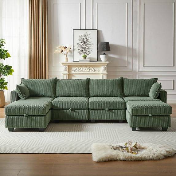 113.5'' Oversized Modular Sectional Sofa with Hidden Storage Ottoman, Convertible L/U-Shaped 6-Seater Corduroy Sleeper for Living Room Flexibility & Guest Comfort