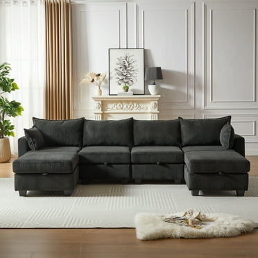 113.5'' Oversized U Shaped Modular Sectional Sofa with Ottoman, Soft 6 Seater Corduroy Sleeper Sofa with Hidden Storage, L Shaped Convertible Couch with Chaise for Living Room, Free Combination, Black