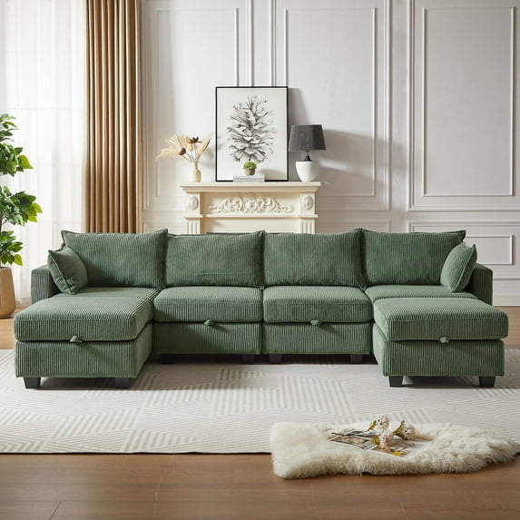 113.5'' Oversized U Shaped Modular Sectional Sofa with Ottoman, Soft 6 Seater Corduroy Sleeper Sofa with Hidden Storage, Convertible Couch with Chaise for Living Room, Free Combination, Green