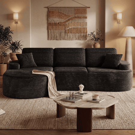 113" Cloud Sectional Sofa No Assembly Required, L-Shaped Modular Couch with 53" Deep Chaise Lounge, High-Density Foam & Corduroy Fabric, Oversized Sectional Sofa for Living Room Apartment, Black
