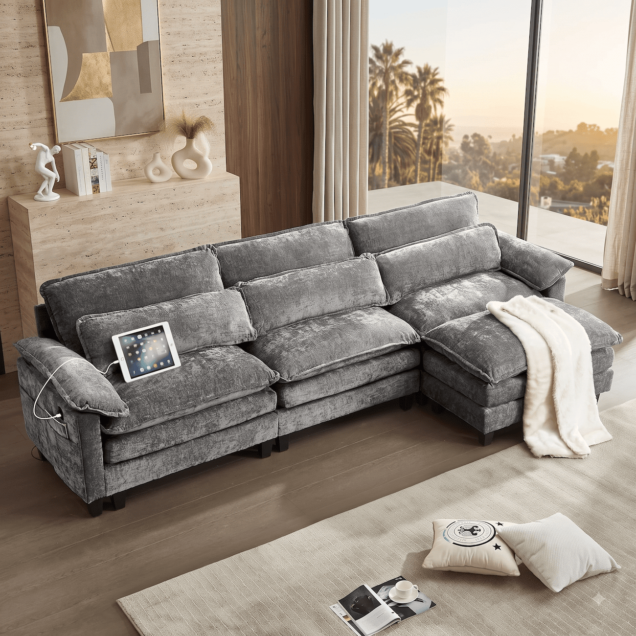 113" Convertible Cloud Sectional Sofa, Modern Chenille L Shaped Couch with Reversible Chaise, Deep Seat 4 Seat Sectional Sofa with Pillows, Comfy Upholstered Couch for Living Room Apartment (Grey)