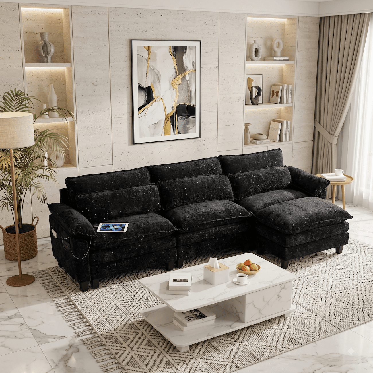 113" Convertible Cloud Sectional Sofa, Modern Chenille L Shaped Couch with Reversible Chaise, Deep Seat 4 Seat Sectional Sofa with Pillows, Comfy Upholstered Couch for Living Room Apartment (Black)