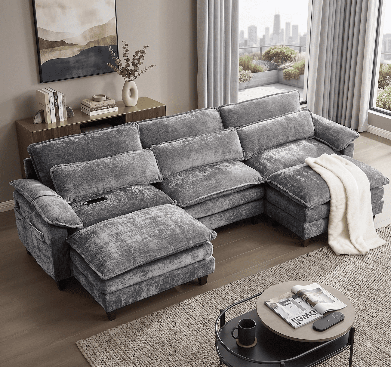 113" Convertible Cloud Sectional Sofa, Modern Chenille L Shaped Couch with Reversible Chaise, Deep Seat 5 Seat Sectional Sofa with Pillows, Comfy Upholstered Couch for Living Room Apartment (Grey)
