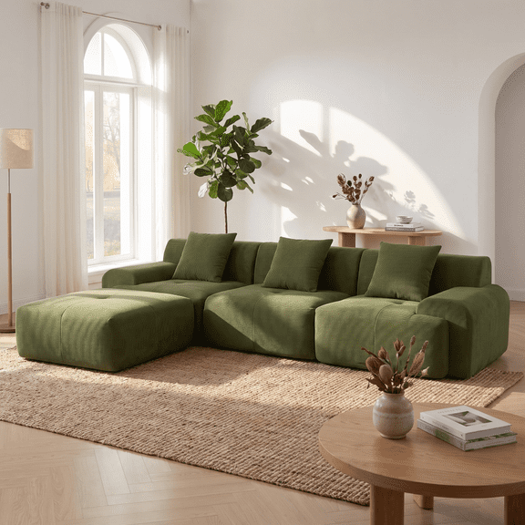 113" Corduroy Oversized Sofa Couch, Sofas For Living Room with Deep Seat, Oversized Modular Sofa with Non-Slip Base for Indoor Leisure Space, Green