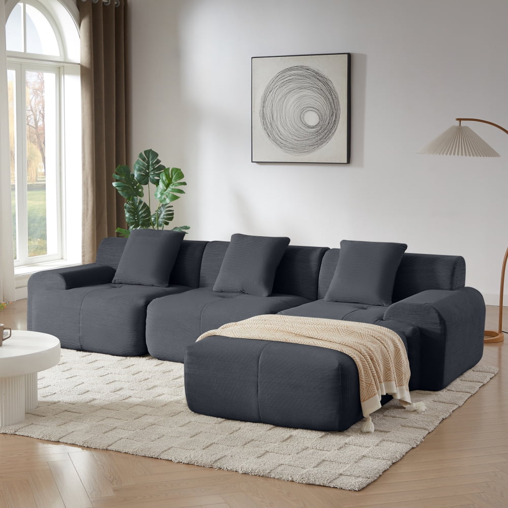 113" L-Shaped Modular Sectional Sofa Corduroy Upholstery 3-Seater Couch with Ottoman – No Assembly