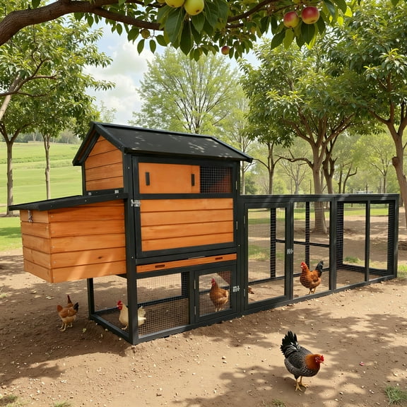 113" Large Wooden Chicken Coop,Outdoor Chicken House with Run and Nesting Box Poultry Cage,Rabbit Hutch with Waterproof Roof Ramp and Ventilated Window for Backyard Small Animals,Brown and Black