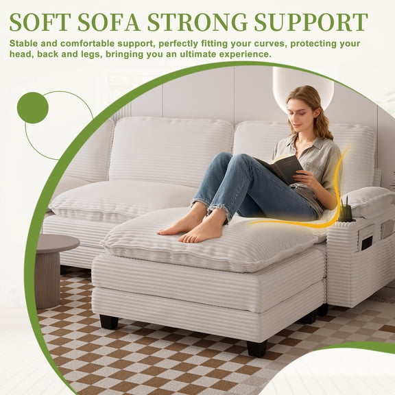113" Modern 3+1 L-Shaped Corduroy Fabric Sofa,Modular Sectional Cloud Couch W/Ottoman,35D High-resilience Sponge&Double-layer Thick Cushion,Cup Holders,Storage Bags,Couches For Living Room,Apartment.