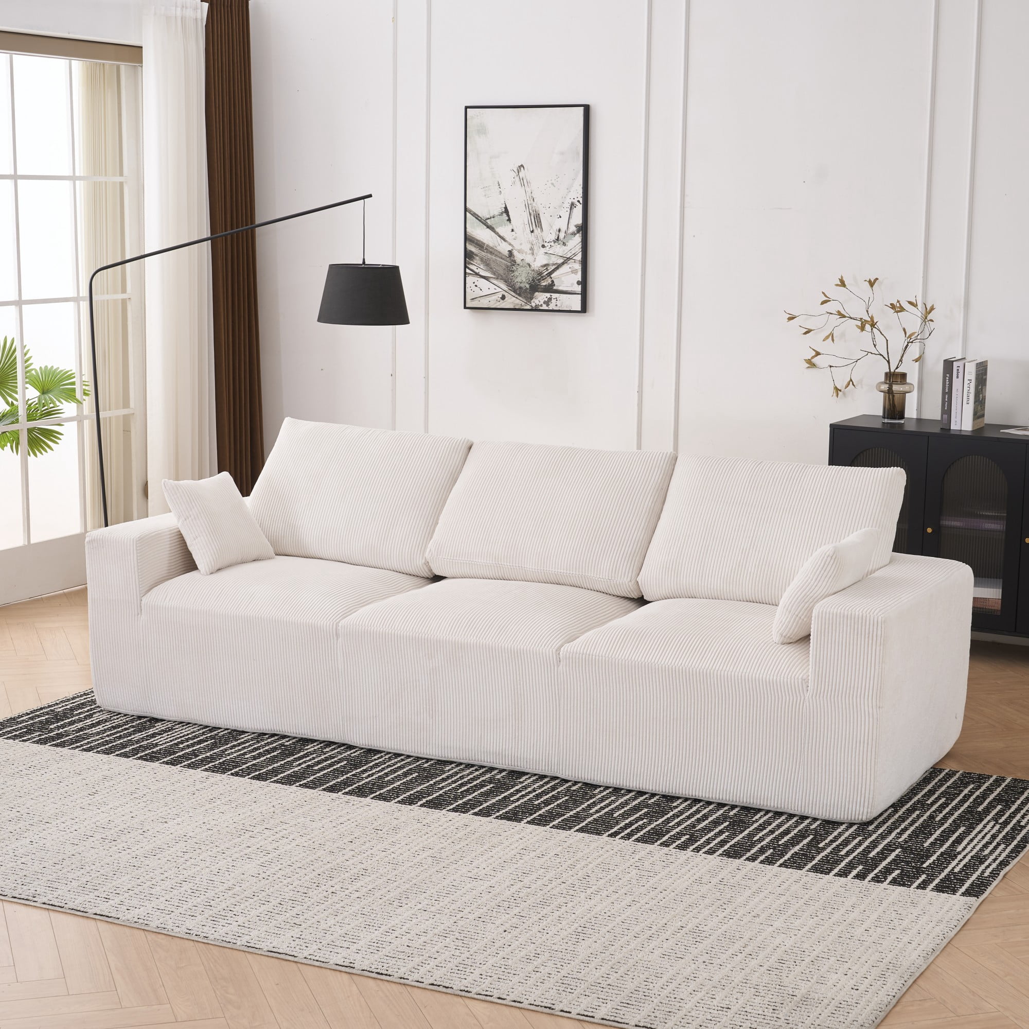 113" Modern Compression Sofa ,3-Seat Upholstered Sofa Couch,Extra-Wide Seat Cushion with Wood Frame for Living Room Bedroom,Beige