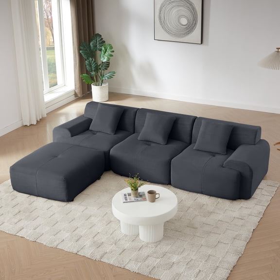 113" Modern L-Shaped Modular Sectional Sofa for Living Room, Corduroy Upholstery black, Oversized 3-Seater Couch with Deep Seat and Movable Ottoman, No Assembly (Dark Grey)