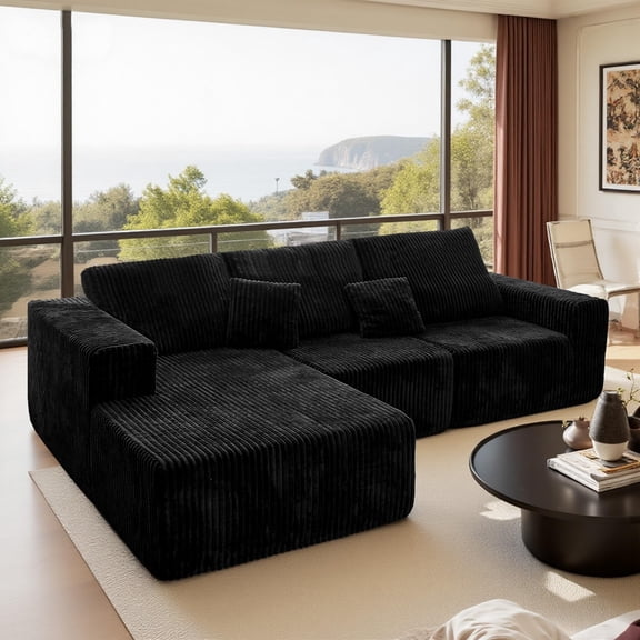 113" Modern Modular Sofa, Black Cloud Sectional Couch with L-Shape Chaise, Upholstered Couches with Right Facing Chaise for Living Room Bedroom