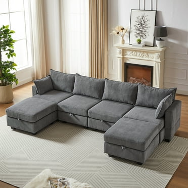 113" Modular Sectional Corduroy Sofa, 4 Seat U Shaped Cloud Couch with Storage Seats and 48" Double Chaises, Convertible 83.5"×61.5" Sofa Bed with Pillows for Living Room, Dark Gray