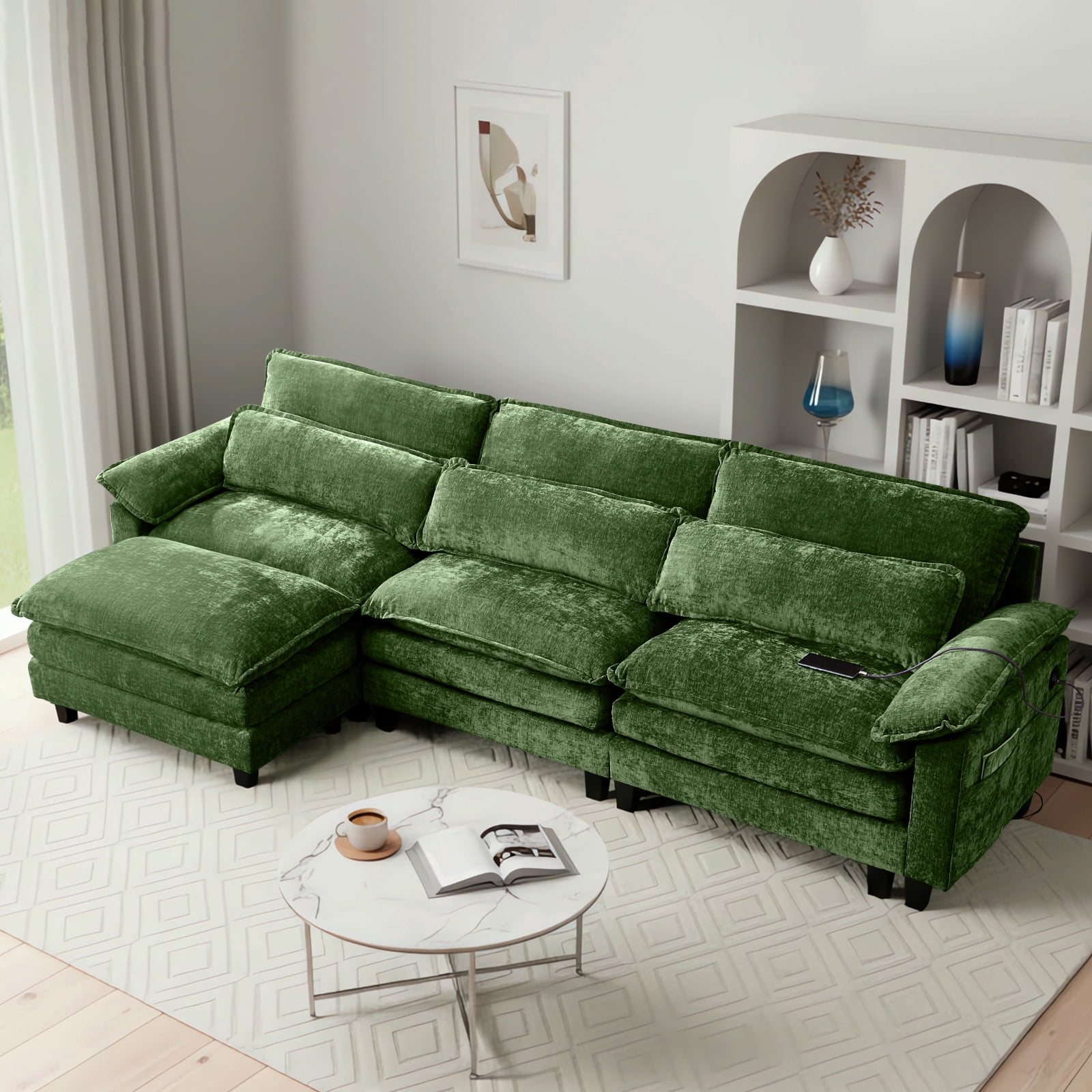 113'' Modular Sectional Sofa,L Shaped Couch with Movable Ottoman, Convertible Sectional Couches with Deep Seat, 3 Seat for Living Room Comfy Cloud Sofa with USB Side Pockets & Charging(Green)