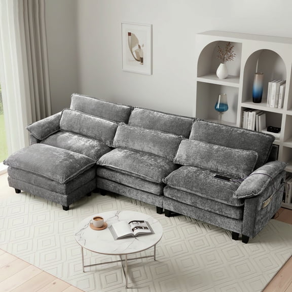 113'' Modular Sectional Sofa,L Shaped Couch with Movable Ottoman, Convertible Sectional Couches with Deep Seat, 3 Seat for Living Room Comfy Cloud Sofa with USB Side Pockets & Charging, (Grey)