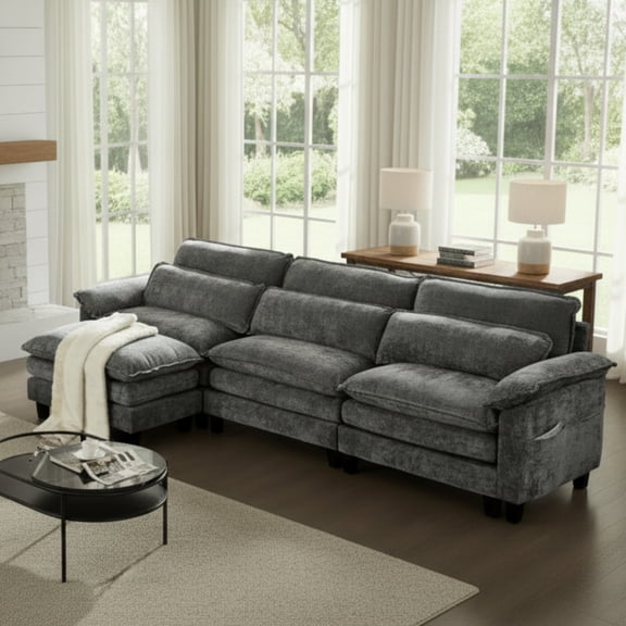 113'' Modular Sectional Sofa,L Shaped Couch with Movable Ottoman, Convertible Sectional Couches with Deep Seat, 3 Seat for Living Room Comfy Cloud Sofa with USB Side Pockets & Charging(Grey)