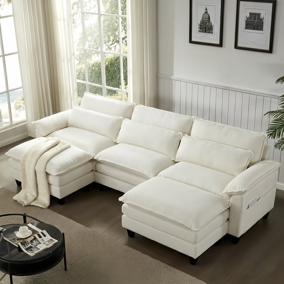 EPOWP 113'' Modular Sectional Sofa,U Shaped Couch with Movable Ottoman, Convertible Sectional Couches with Deep Seat, 3 Seat for Living Room Comfy Cloud Sofa with USB Side Pockets & Charging(Beige)
