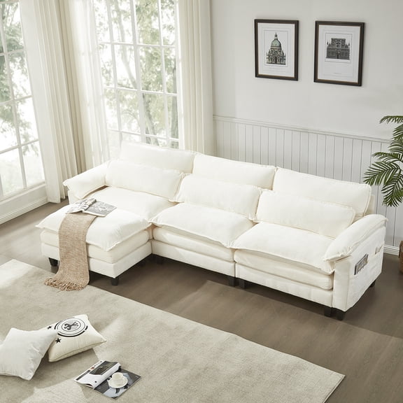 113'' Modular Sectional Sofa,L Shaped Couch with Movable Ottoman, Convertible Sectional Couches with Deep Seat, 3 Seat for Living Room Comfy Cloud Sofa with USB Side Pockets & Charging(Beige)