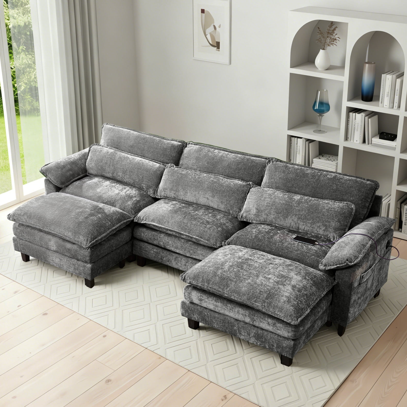 113'' Modular Sectional Sofa,U Shaped Couch with Movable Ottoman, Convertible Sectional Couches with Deep Seat, 3 Seat for Living Room Comfy Cloud Sofa with USB Side Pockets & Charging(Grey)