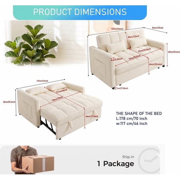 Howcool Sleeper Sofa Bed, 3-in-1 Convertible Pull Out Loveseat Couch with Adjustable Backrest, 54" Corduroy Sofa with Side Storage Pockets for Living Rooms & Small Apartments