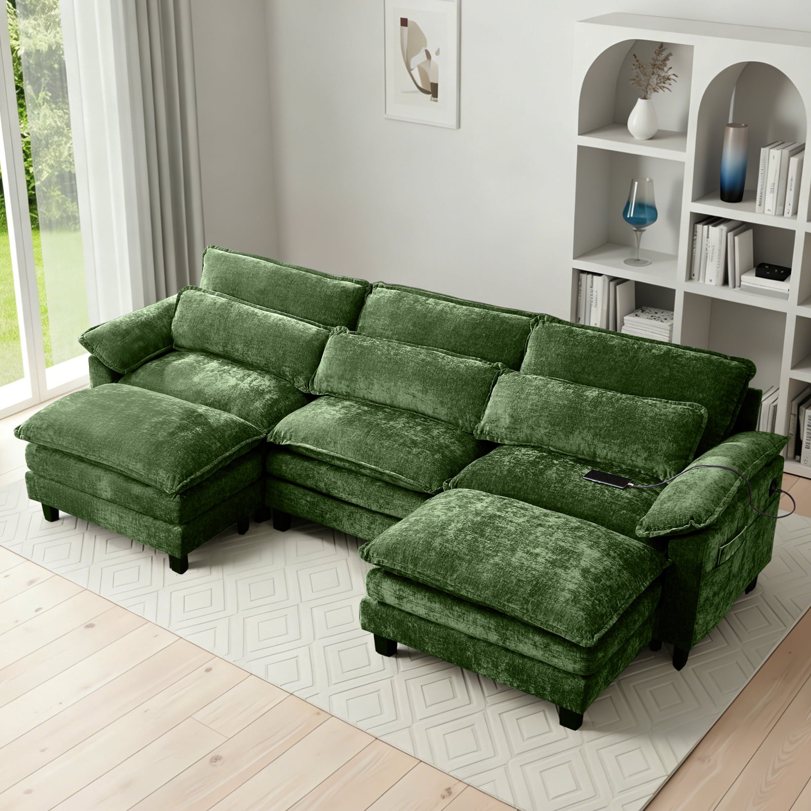 113'' Modular Sectional Sofa,U Shaped Couch with Movable Ottoman, Convertible Sectional Couches with Deep Seat, 3 Seat for Living Room Comfy Cloud Sofa with USB Side Pockets & Charging(Green)