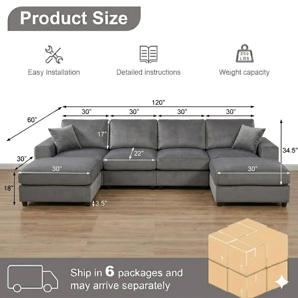 113'' Modular Sectional Sofa,U Shaped Couch with Movable Ottoman, Convertible Sectional Couches with Deep Seat, 3 Seat for Living Room Comfy Cloud Sofa with USB Side Pockets & Charging(Beige)