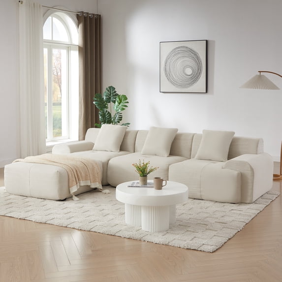 113" Modular Sectional Sofa for Living Room, High-Density Foam, Stain-Proof Corduroy, No Assembly Required, Beige